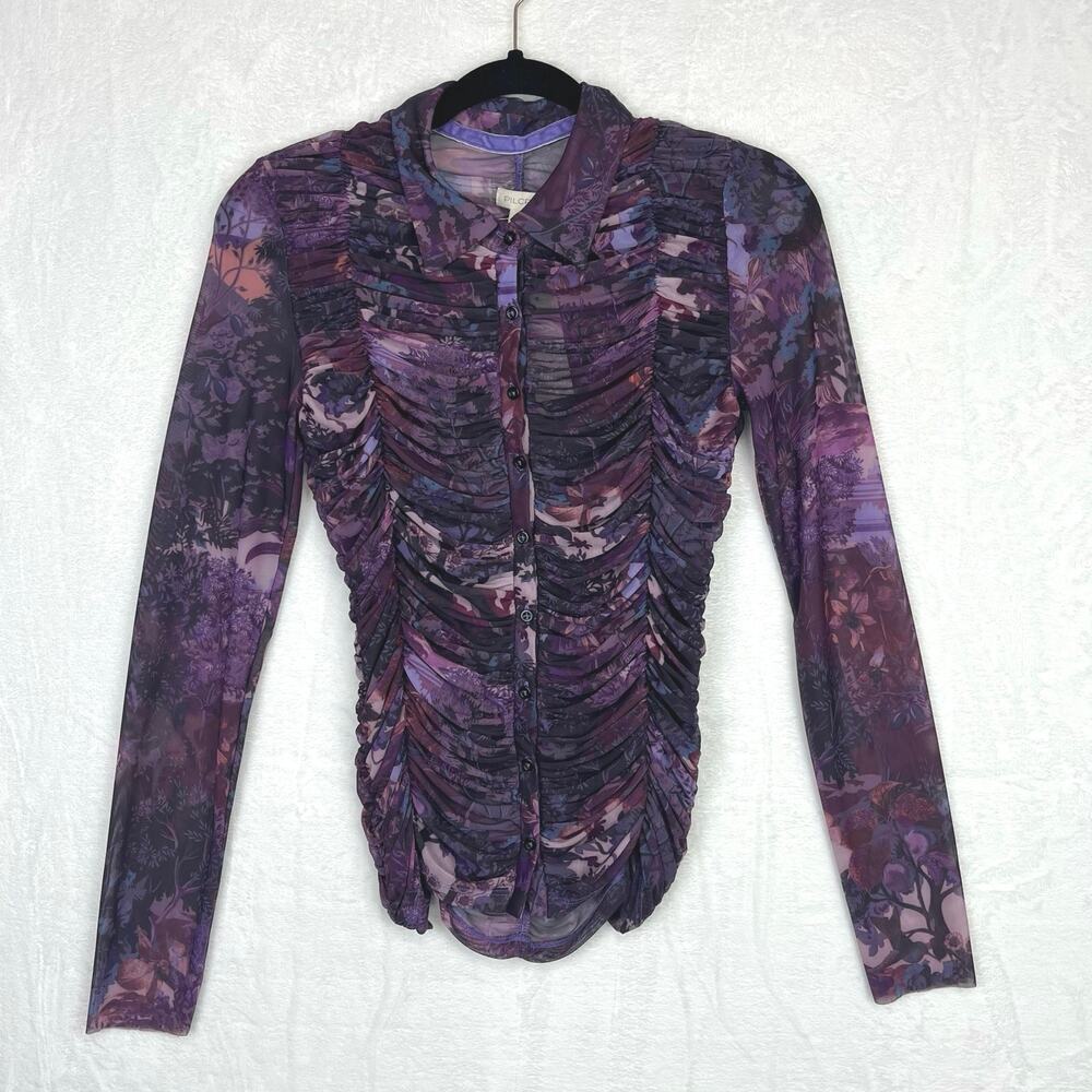 Pilcro Collared Mesh Buttondown Shirt Purple Ruched